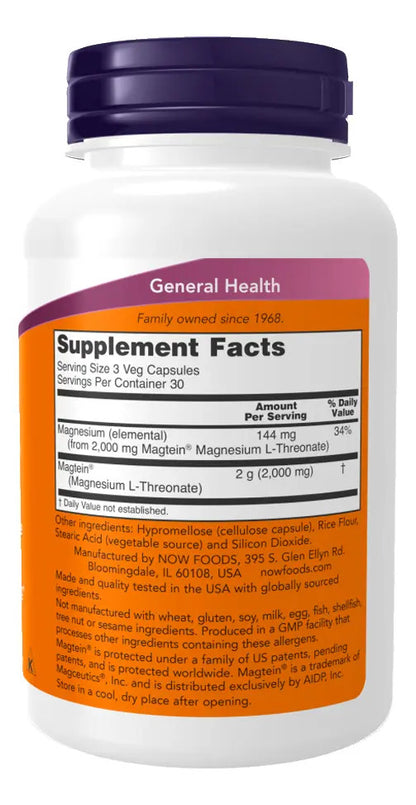 Magtein L-treonato de Magnésio, 180 mg, 90 Cápsulas Vegetarianas (48 mg por Cápsula) NOW Foods