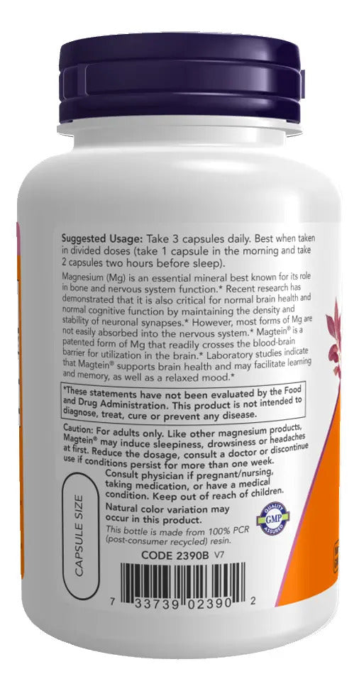 Magtein L-treonato de Magnésio, 180 mg, 90 Cápsulas Vegetarianas (48 mg por Cápsula) NOW Foods